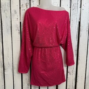 Pink Sequin Dress Off Shoulder Size Large Mini Festive Holiday Party Longsleeve